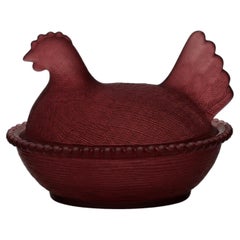 Cranberry Frosted Glass Hen-on-Nest Dish, Vintage USA Accent