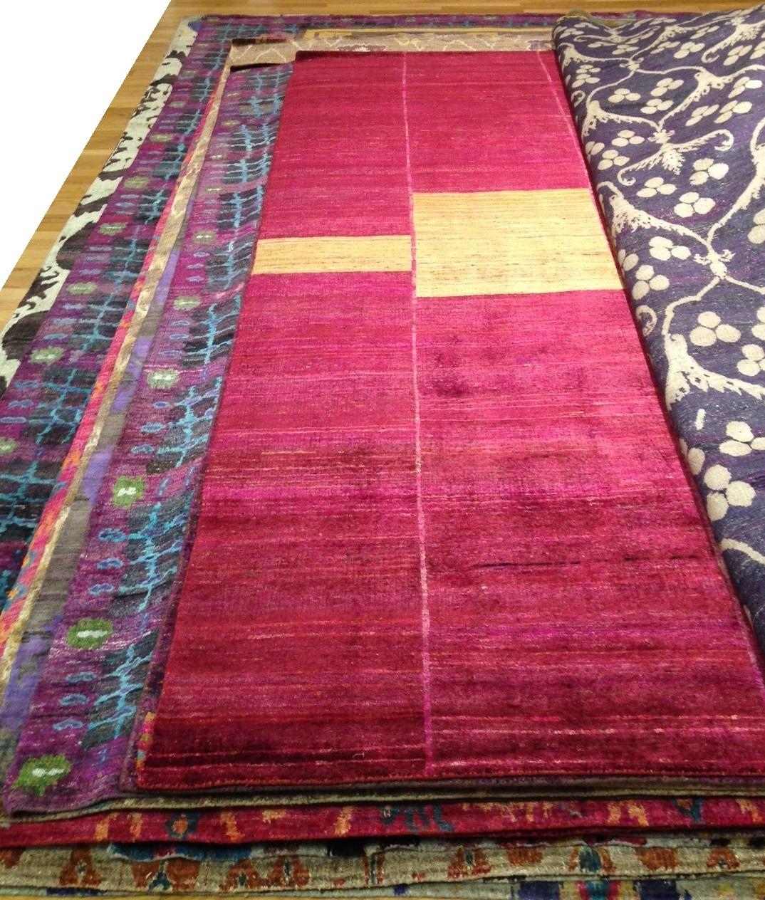 Indian Cranberry Fuchsia Transitional Hand Knotted Green Friendly Silk Rug