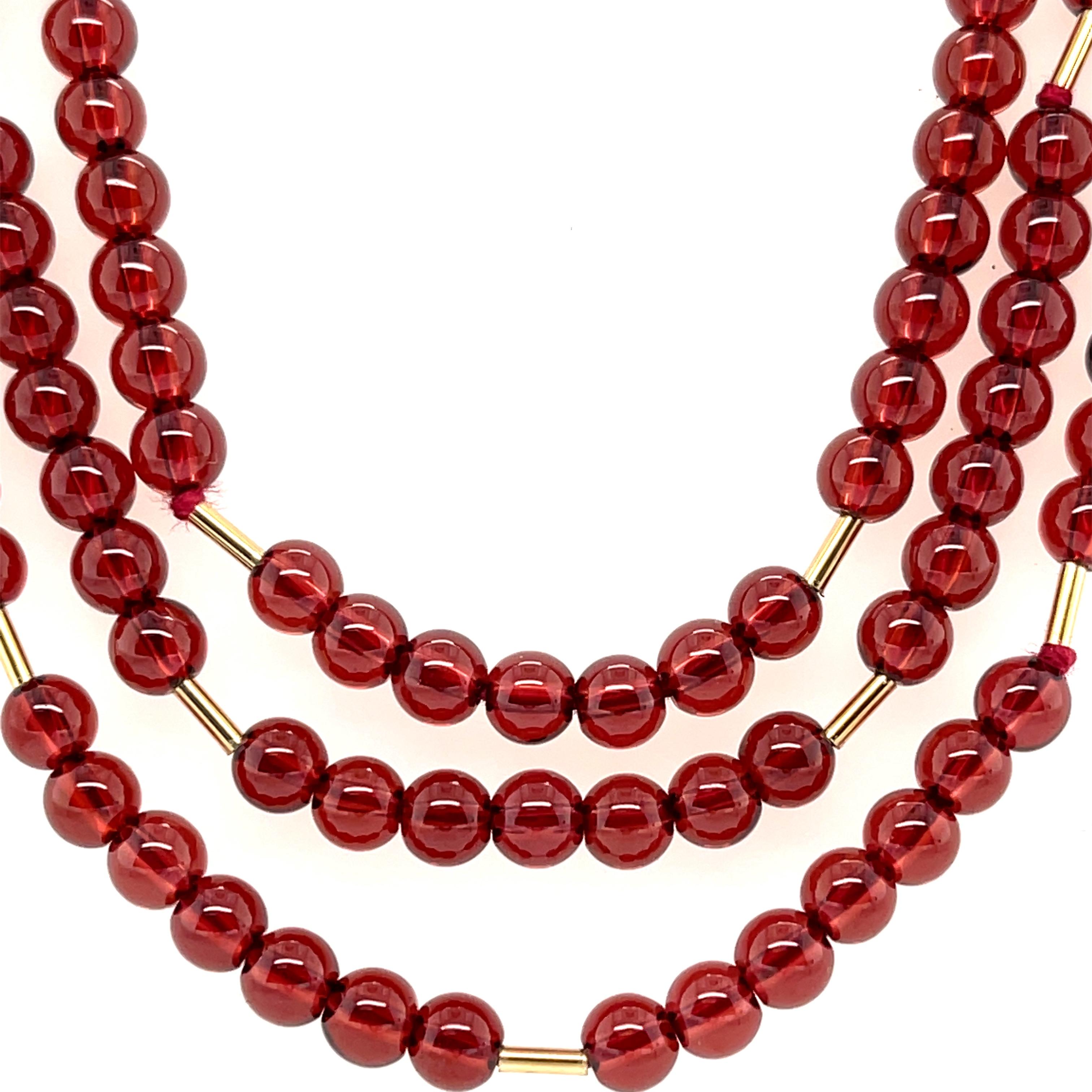 Bead Cranberry Garnet Rope Necklace with Yellow Gold Accents & Clasp, 54 Inches For Sale