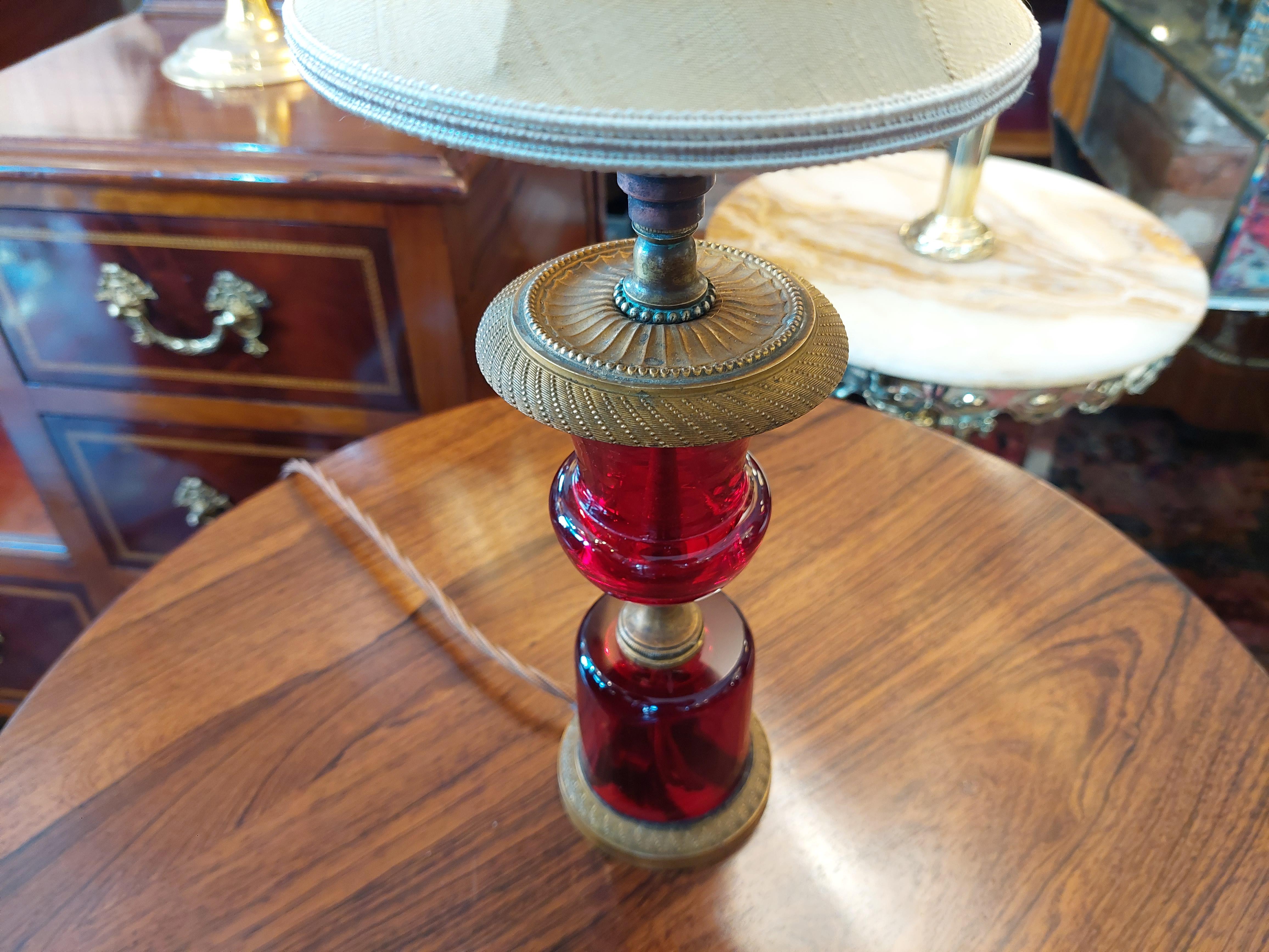 Late Victorian Cranberry Glass and Ormalu Table Lamp For Sale