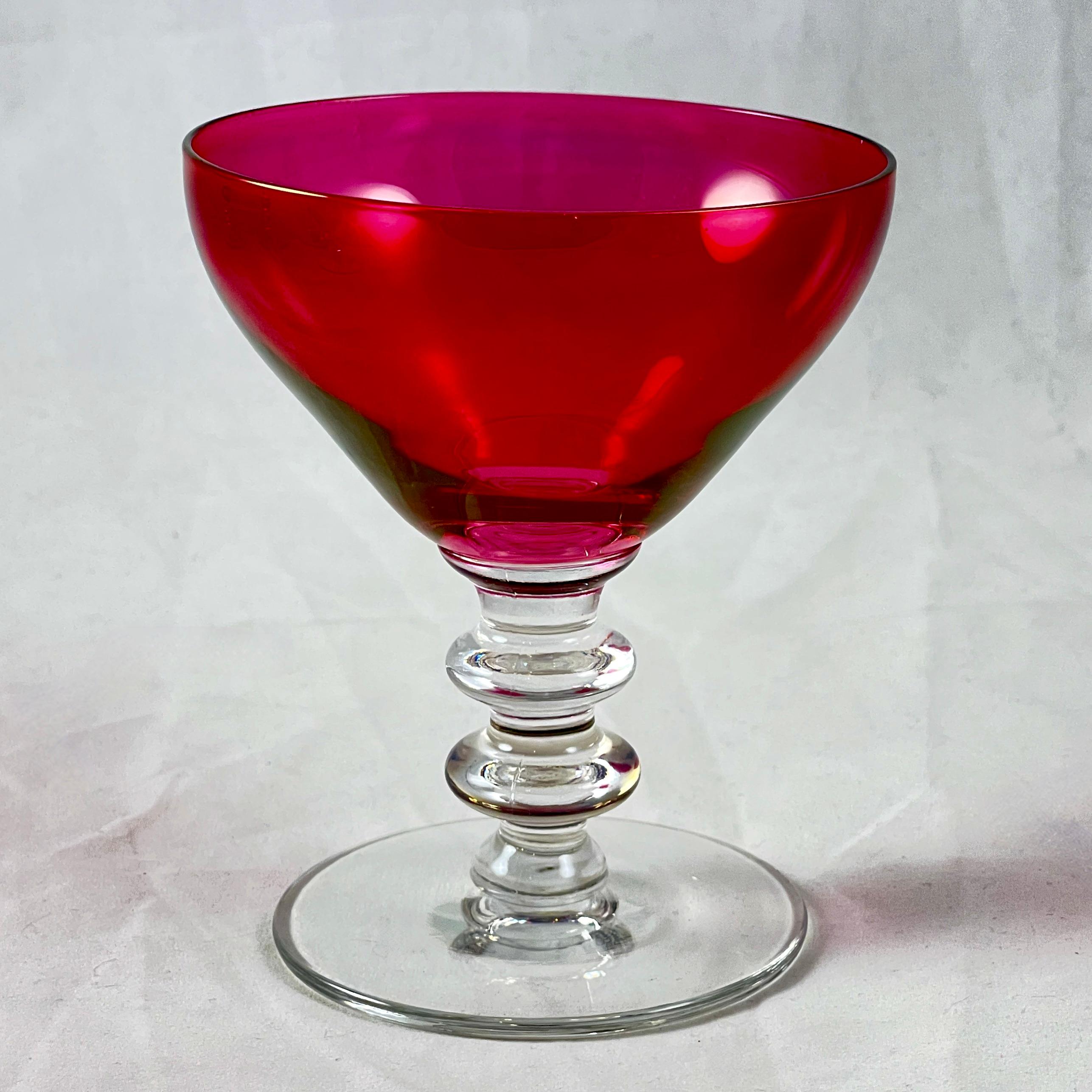 International Style Cranberry Glass Stemmed Champagne Coupes, Set of Six For Sale