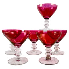 Vintage Cranberry Glass Stemmed Champagne Coupes, Set of Six
