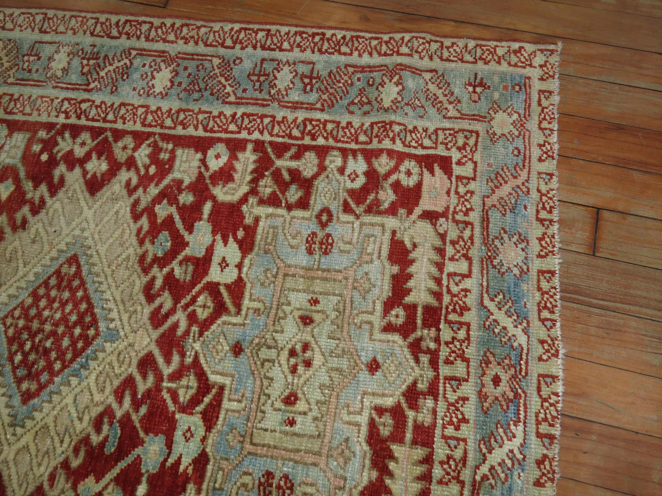 Rustic Cranberry Icy Blue Square Size Antique Persian Heriz Scatter Wool Handwoven Rug For Sale