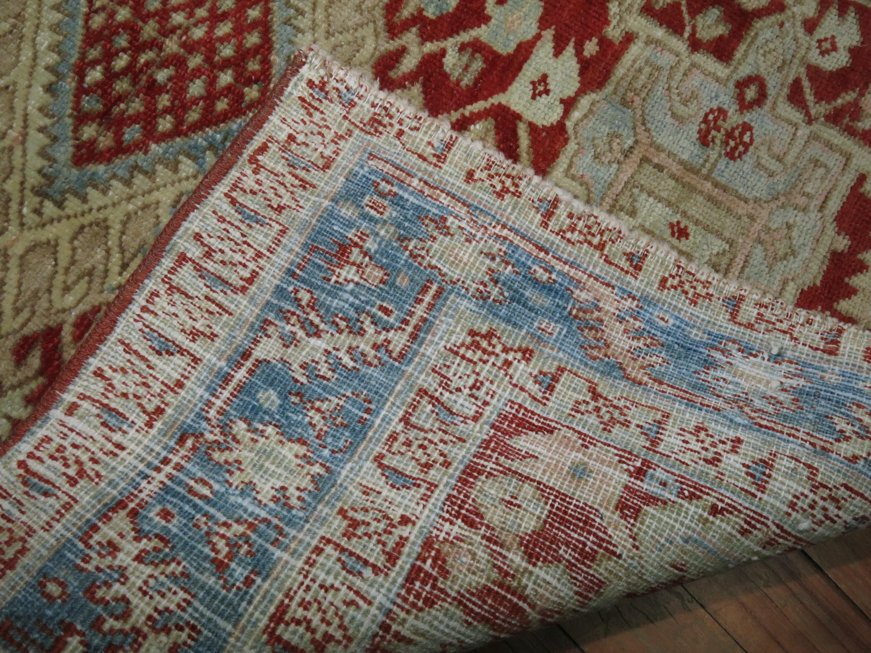 Hand-Woven Cranberry Icy Blue Square Size Antique Persian Heriz Scatter Wool Handwoven Rug For Sale