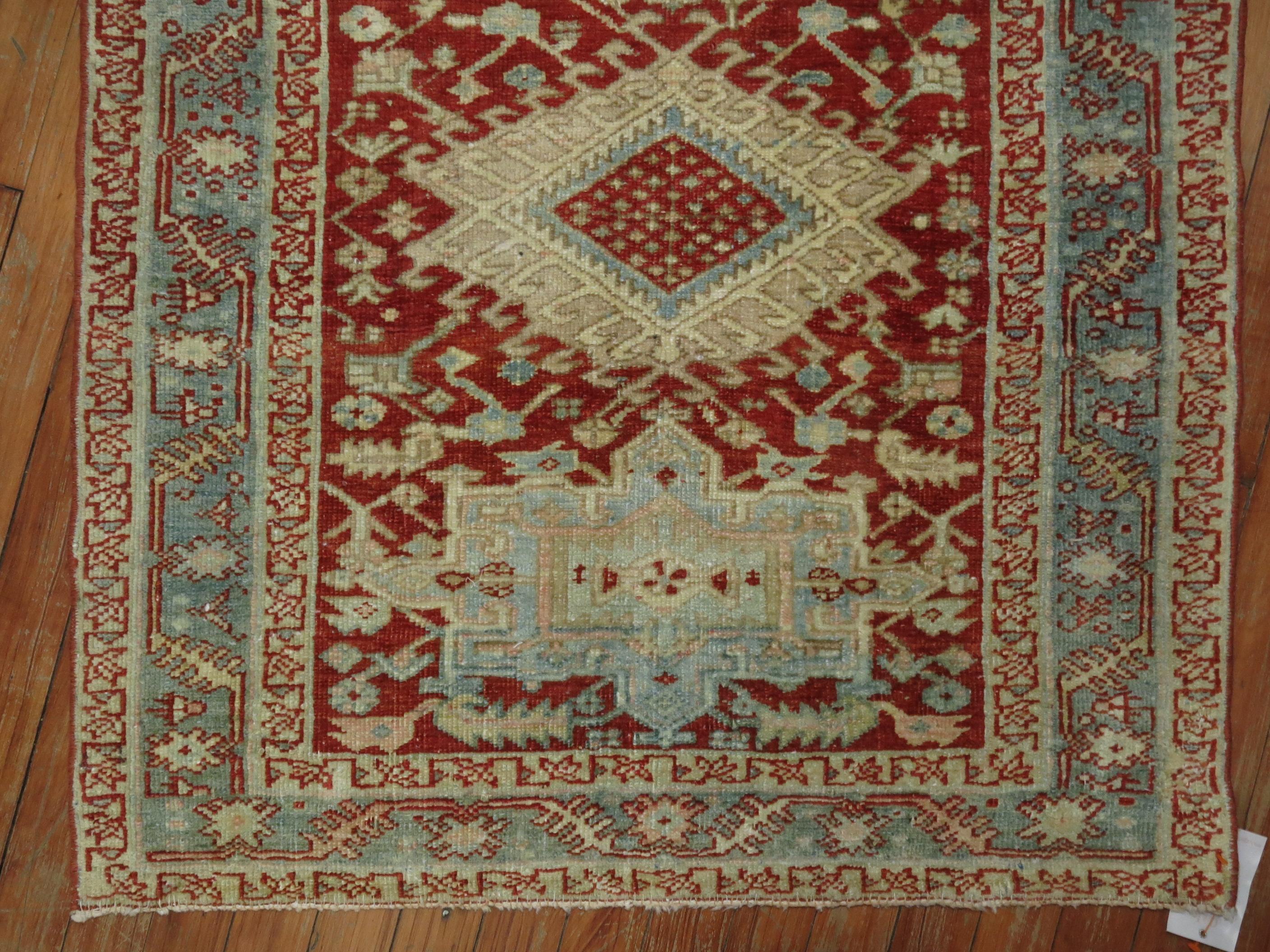 Cranberry Icy Blue Square Size Antique Persian Heriz Scatter Wool Handwoven Rug In Good Condition For Sale In New York, NY
