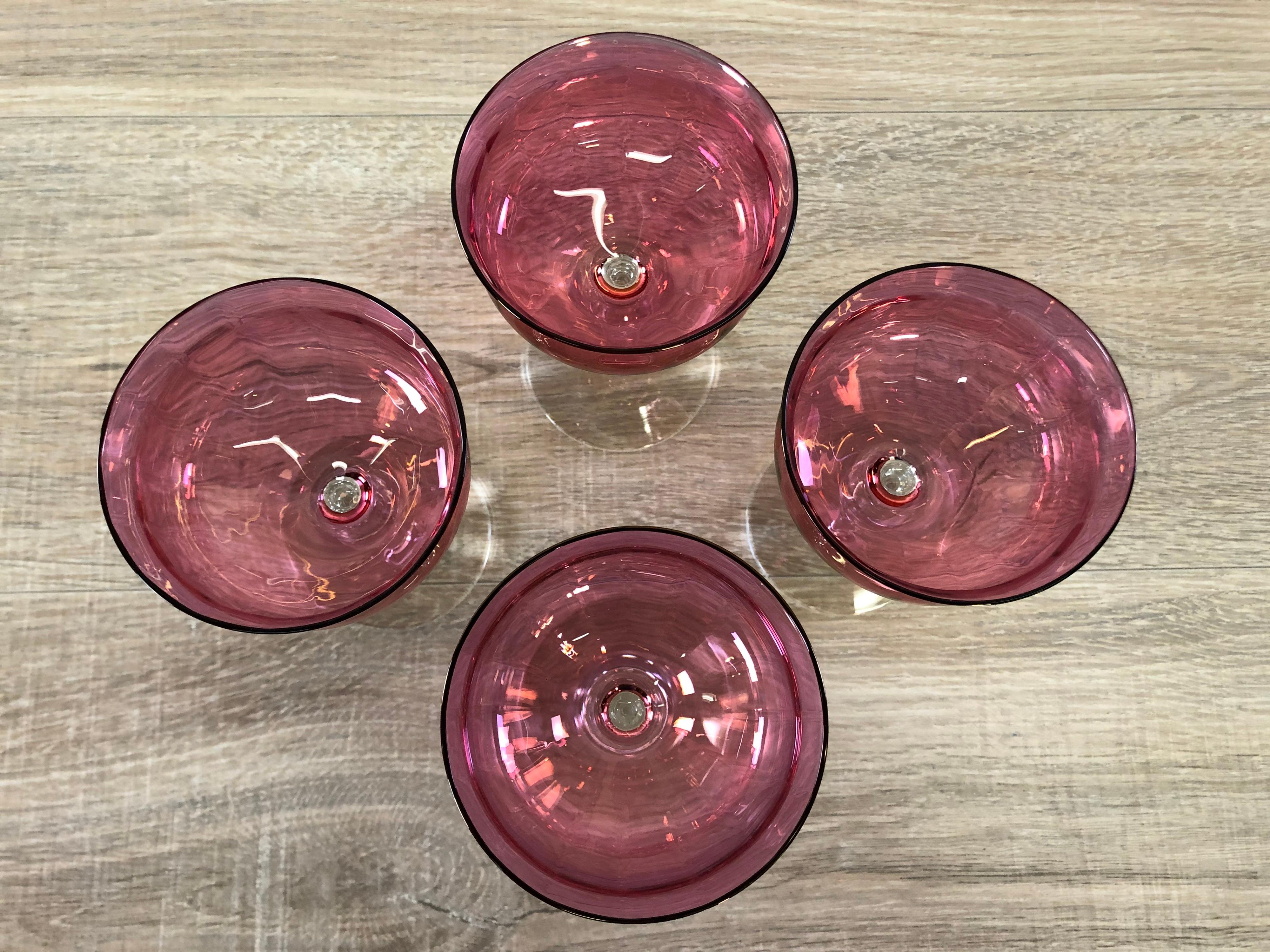 Cranberry Iridescent Glass Coupes, Set of 4 In Good Condition For Sale In Amherst, NH