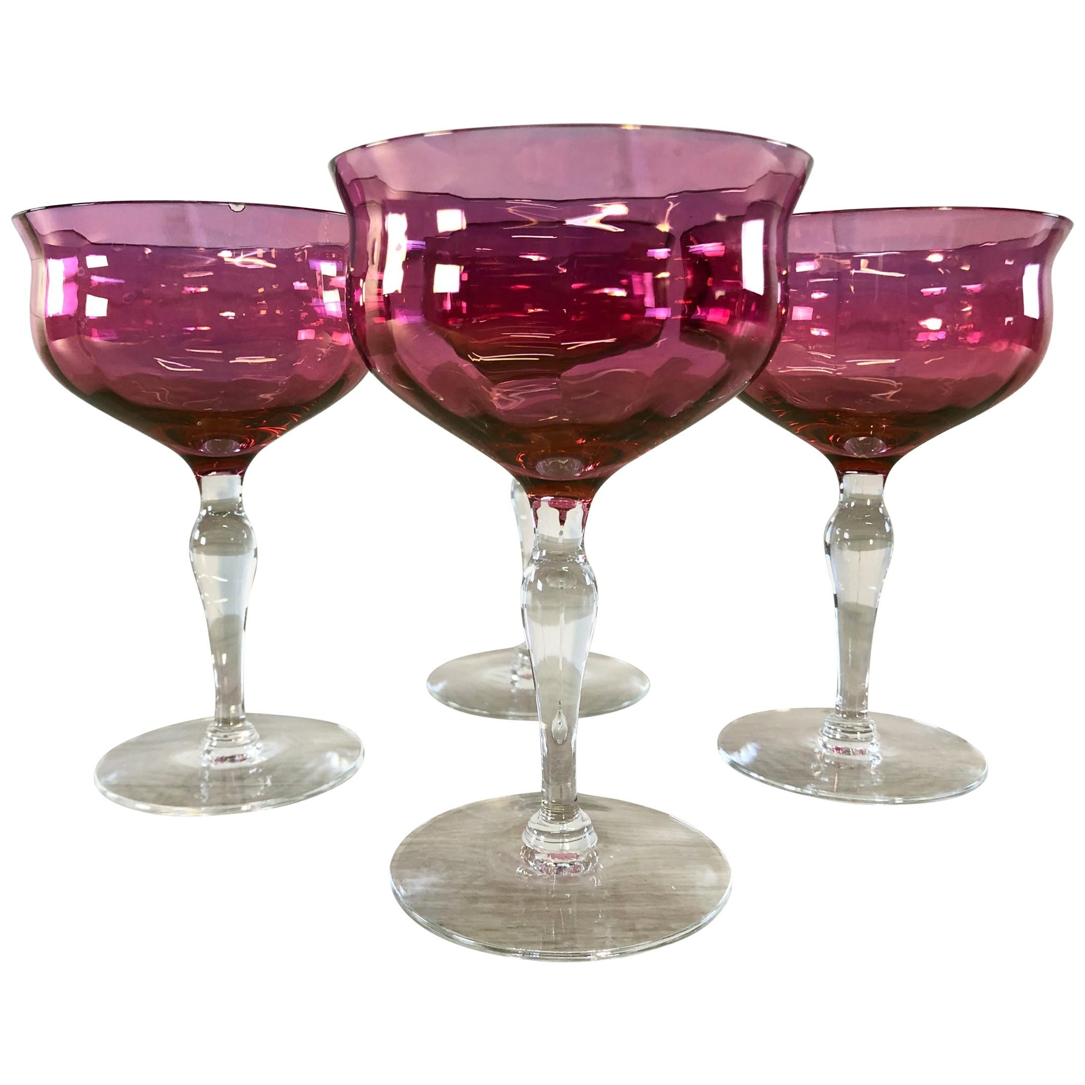 Cranberry Iridescent Glass Coupes, Set of 4 For Sale