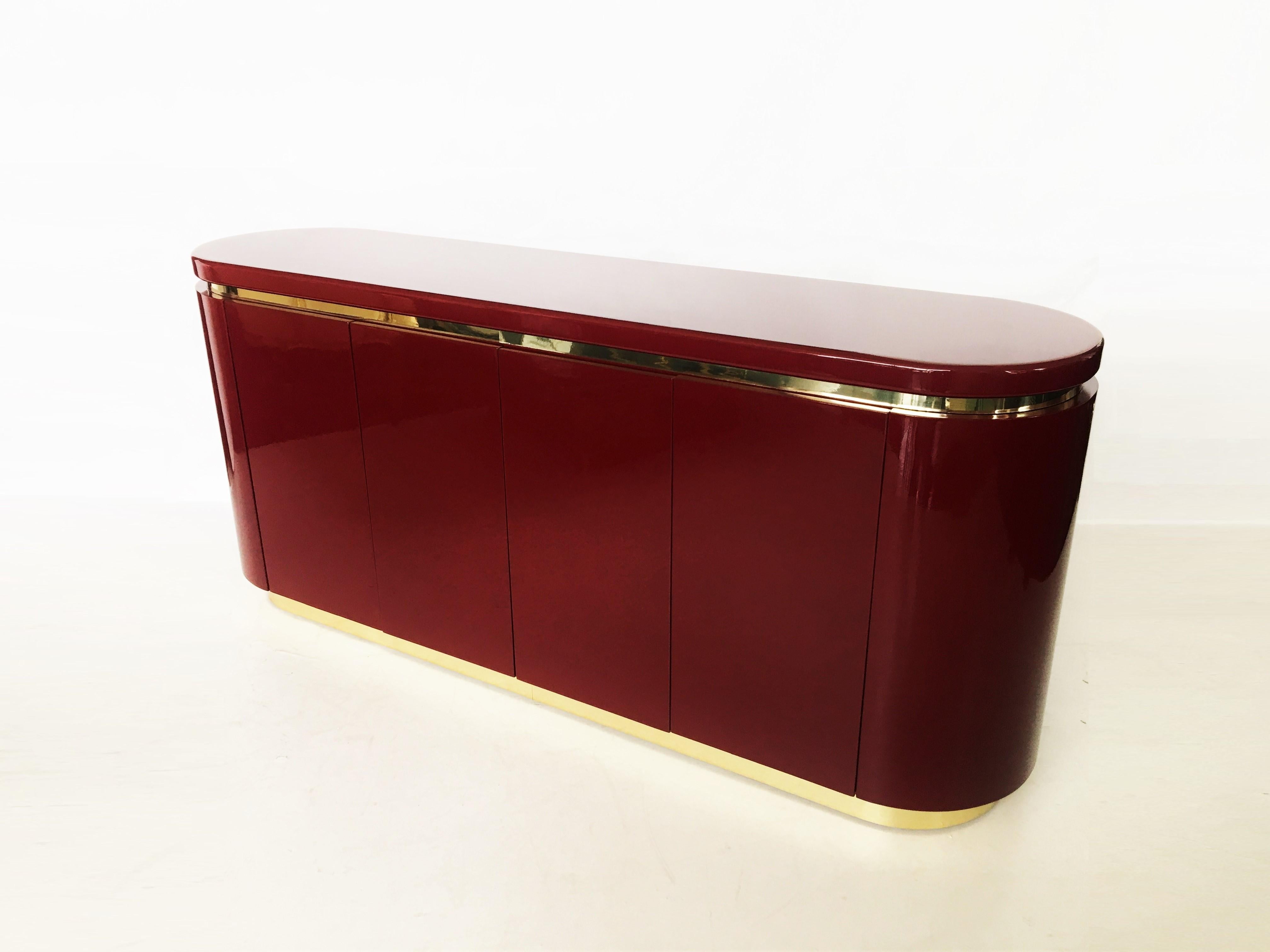 Mid-Century Modern Cranberry Lacquered and Brass Sideboard / Credenza by Mastercraft