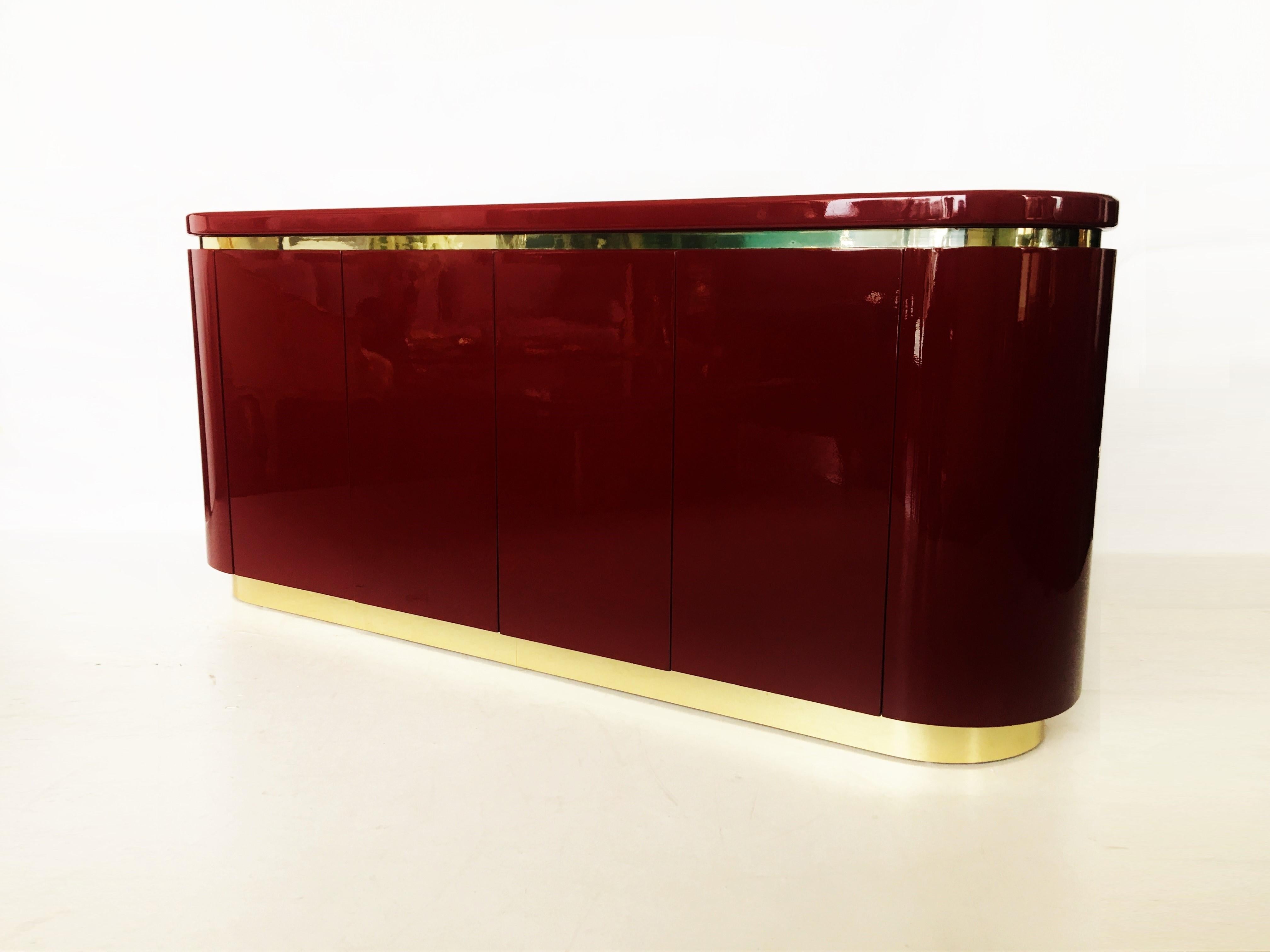 American Cranberry Lacquered and Brass Sideboard / Credenza by Mastercraft