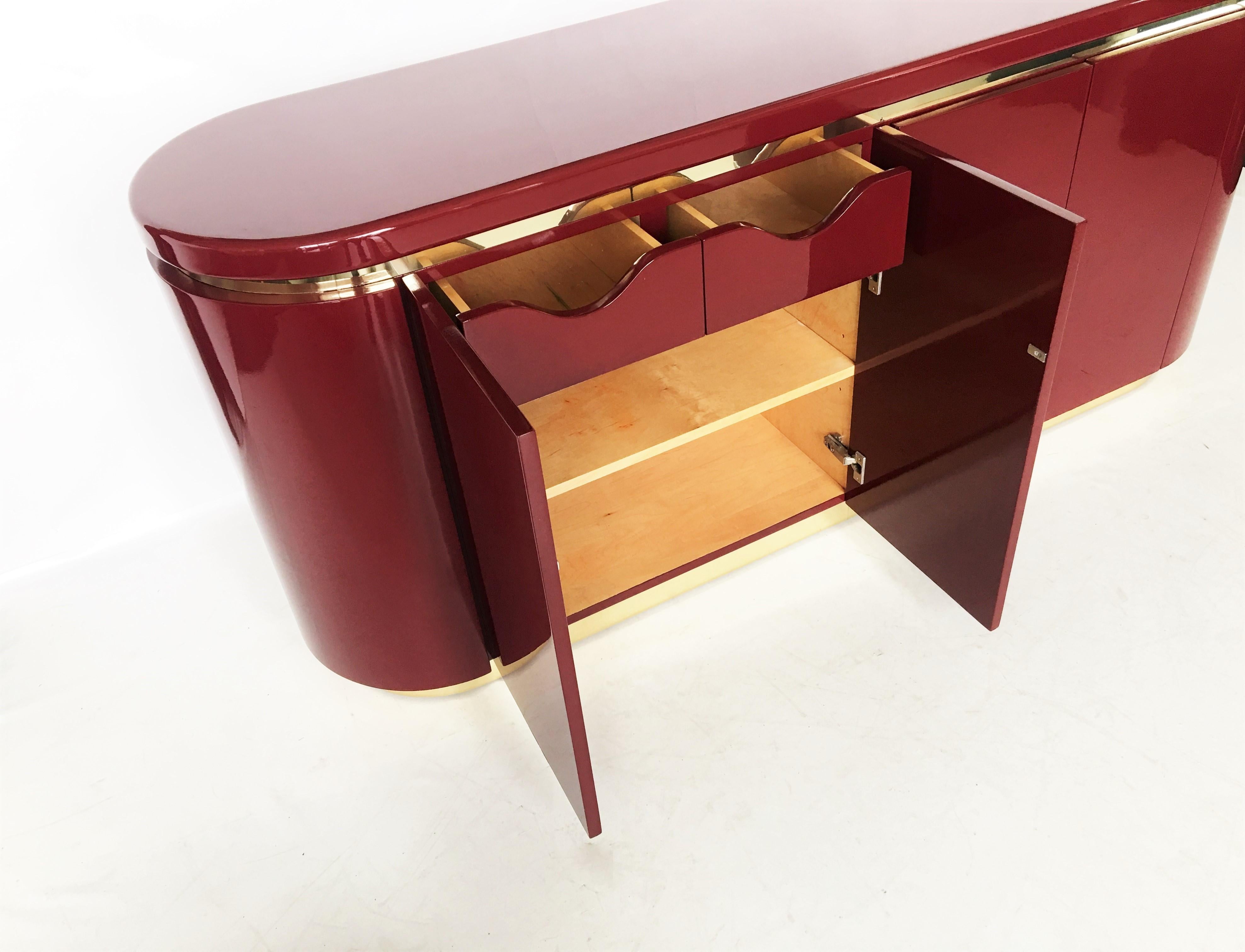 Late 20th Century Cranberry Lacquered and Brass Sideboard / Credenza by Mastercraft