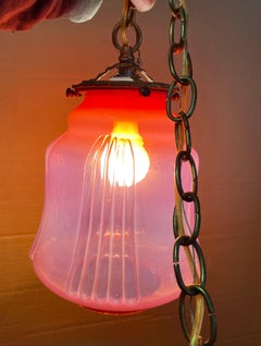 Cranberry Opalescent Cased Glass Hanging Pendant Ceiling Light Fixture