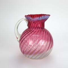Cranberry & Opalescent Swirled Glass Juice Pitcher with Ruffled Rim 20thC
