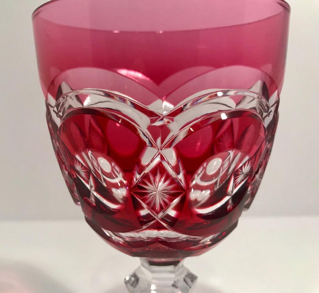 French Cranberry Overlay Stemmed Wine Glasses/Goblets