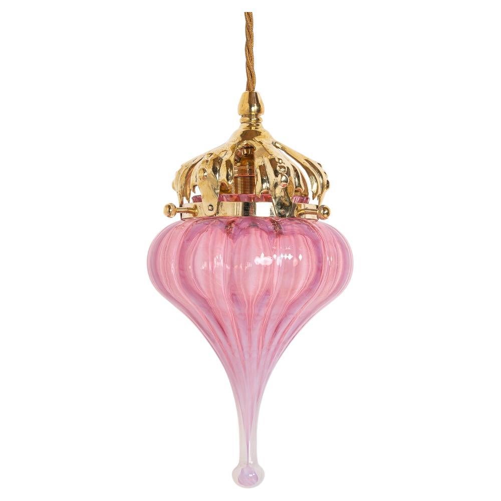 Cranberry Pink Vaseline Glass Drop Shade with Polished Brass Crown Gallery