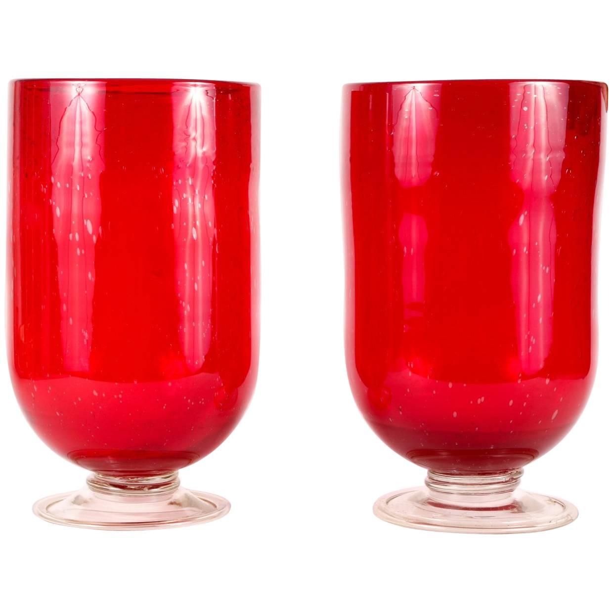 Cranberry Red Hurricane Lamps / Vases by Biot
