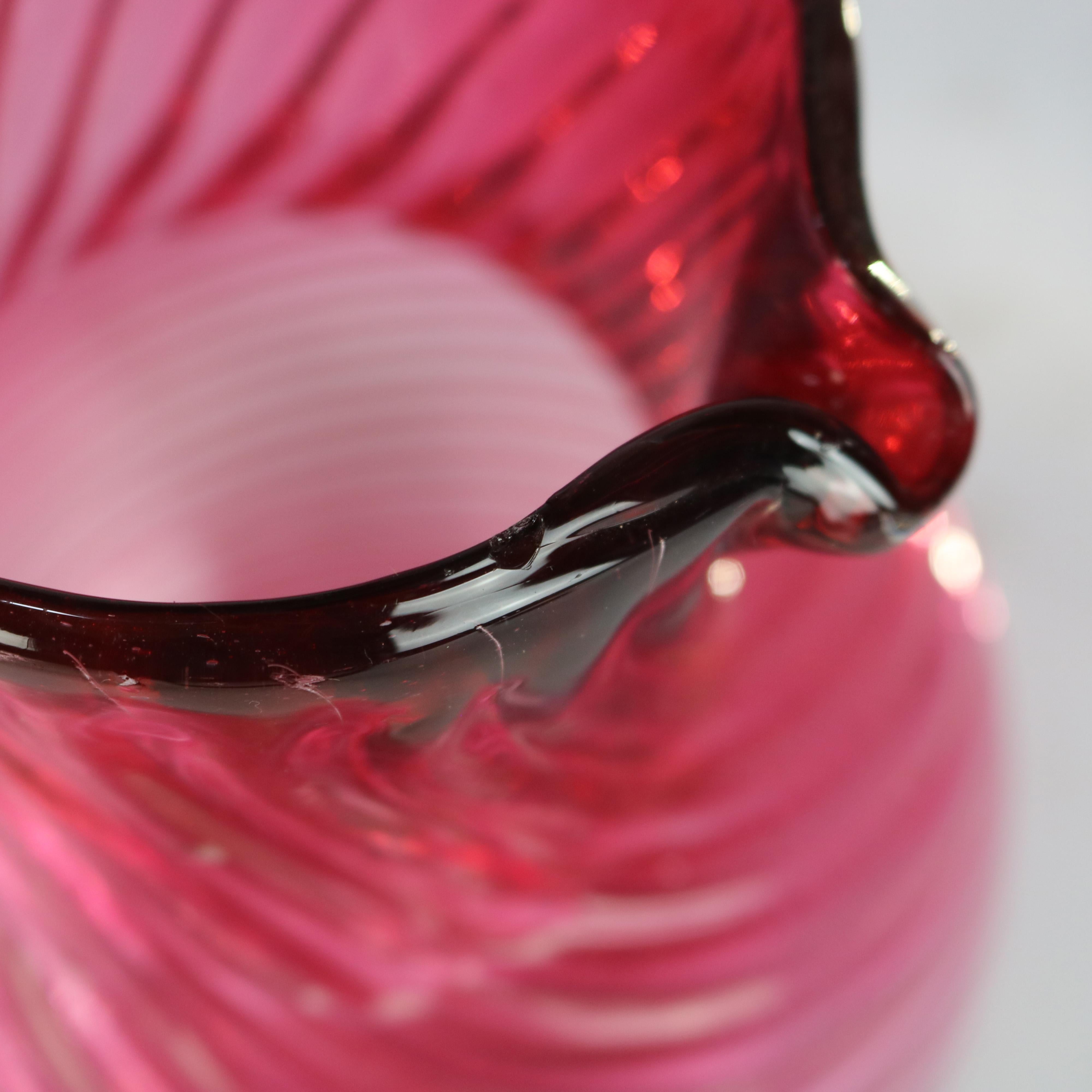 Cranberry Swirl Glass Water Pitcher with Applied Glass Handle 20thC For Sale 6