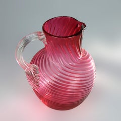 Cranberry Swirl Glass Water Pitcher with Applied Glass Handle 20thC