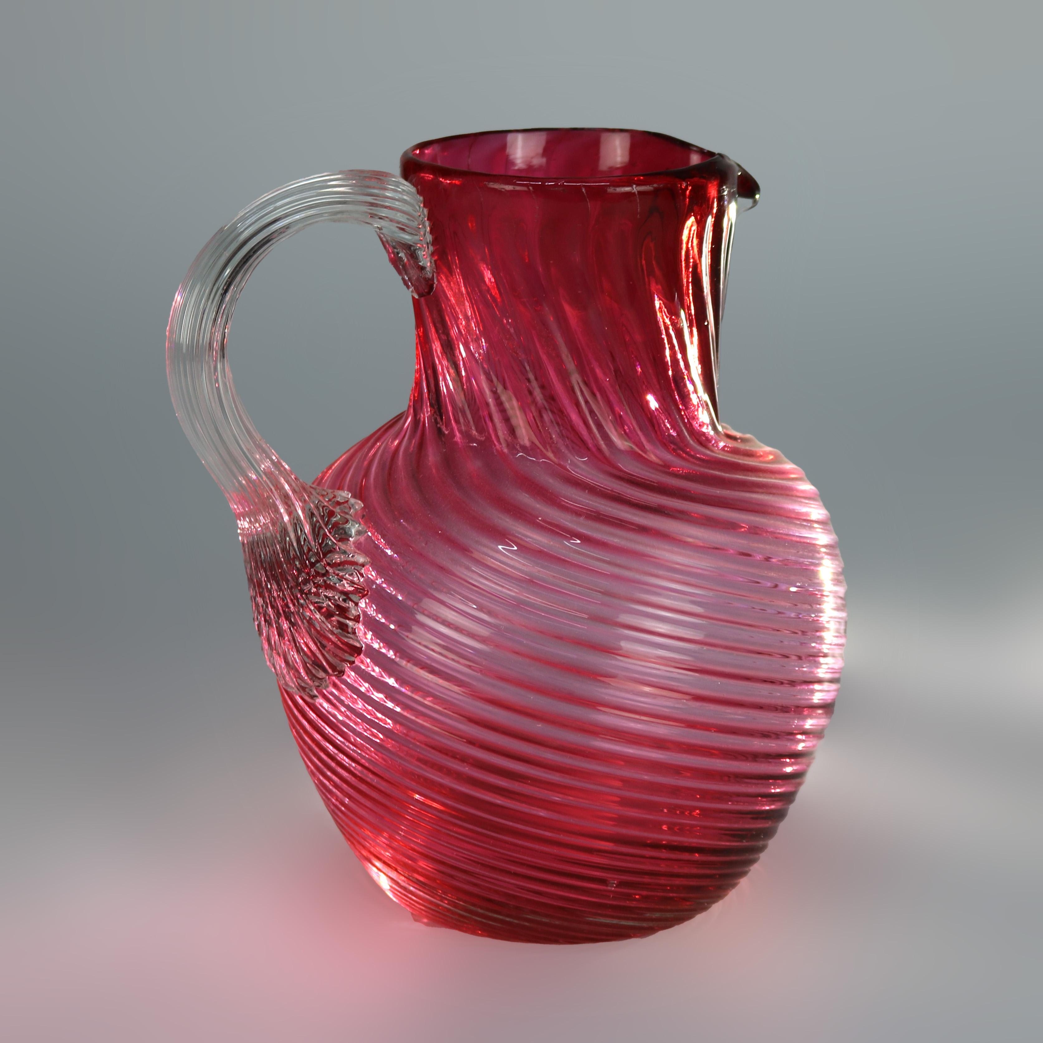 Cranberry Swirl Glass Water Pitcher with Applied Glass Handle 20thC In Good Condition For Sale In Big Flats, NY