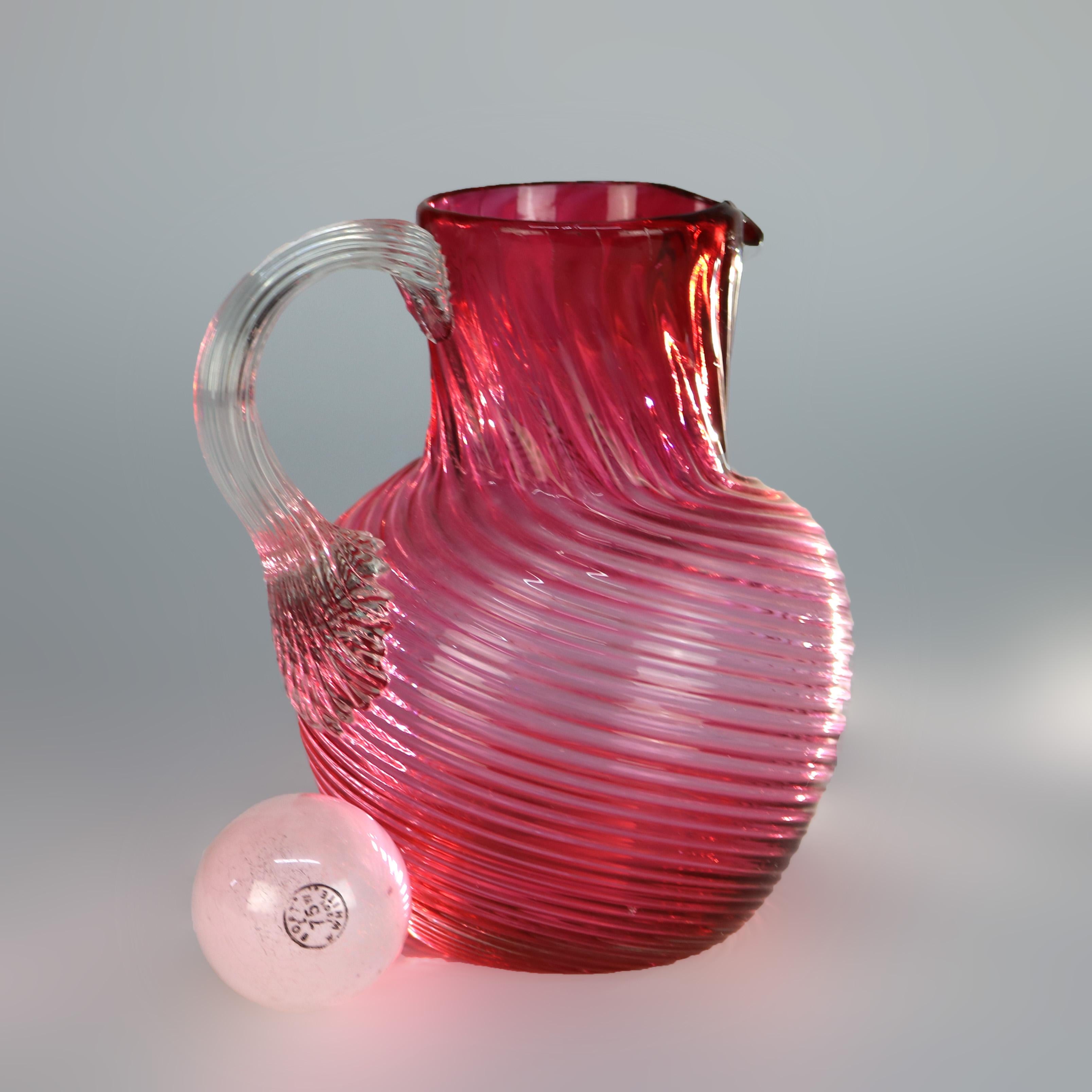 20th Century Cranberry Swirl Glass Water Pitcher with Applied Glass Handle 20thC For Sale