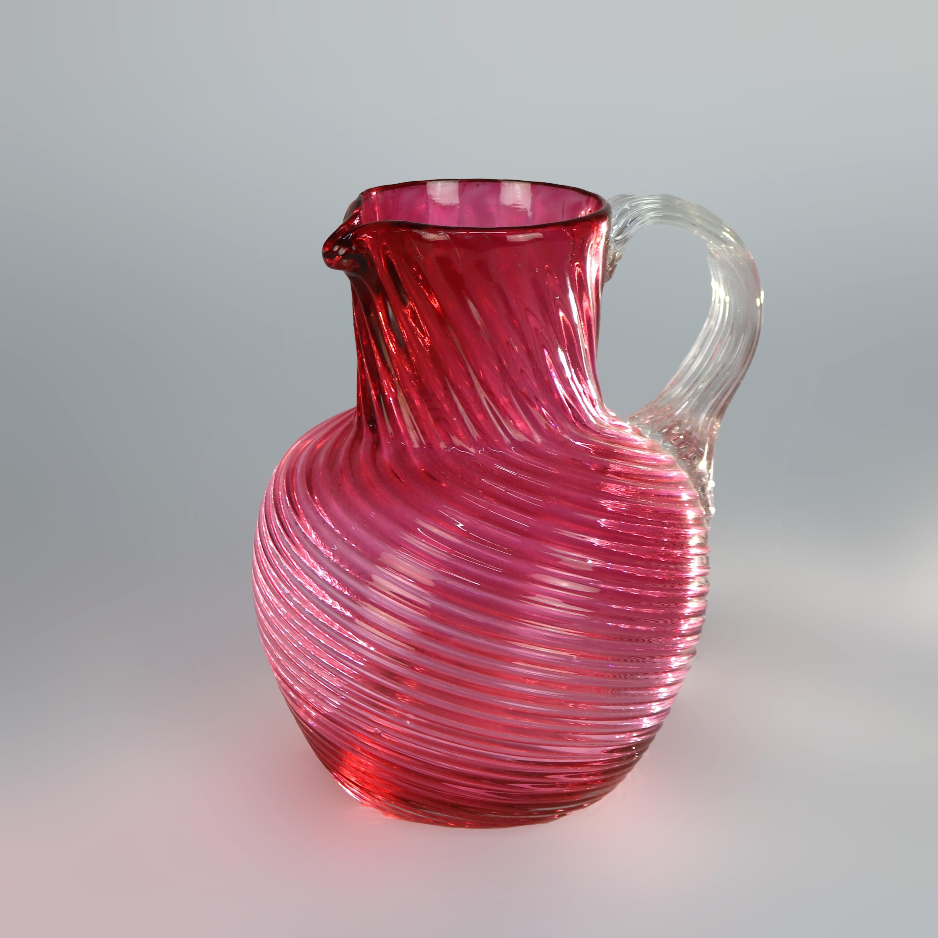 Cranberry Swirl Glass Water Pitcher with Applied Glass Handle 20thC For Sale 1
