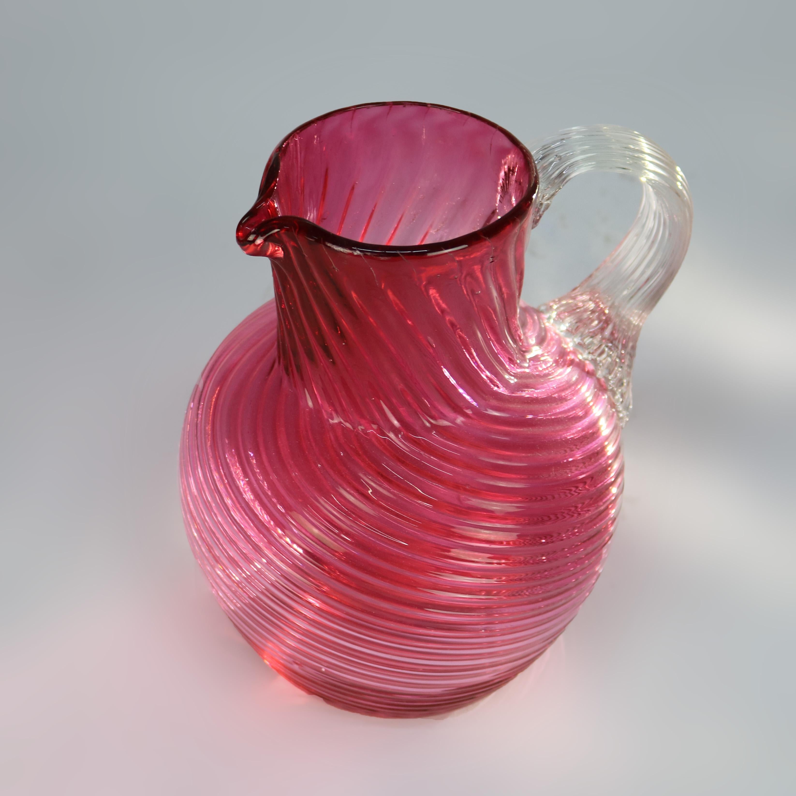 Cranberry Swirl Glass Water Pitcher with Applied Glass Handle 20thC For Sale 2
