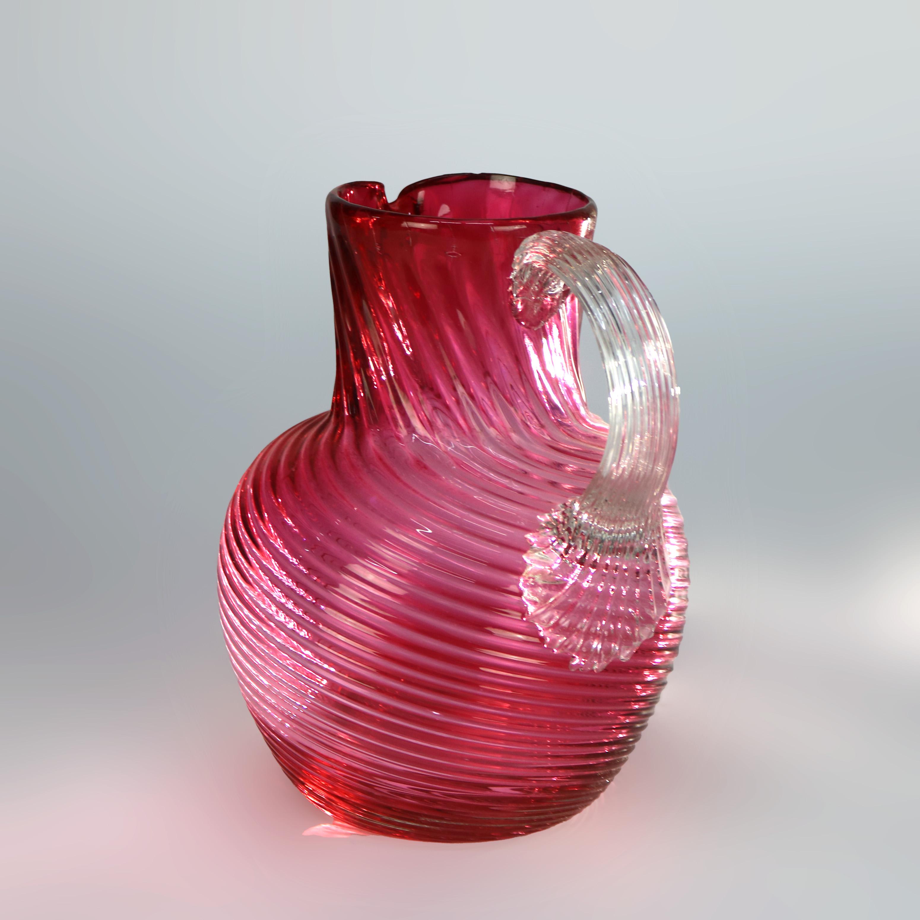 Cranberry Swirl Glass Water Pitcher with Applied Glass Handle 20thC For Sale 3
