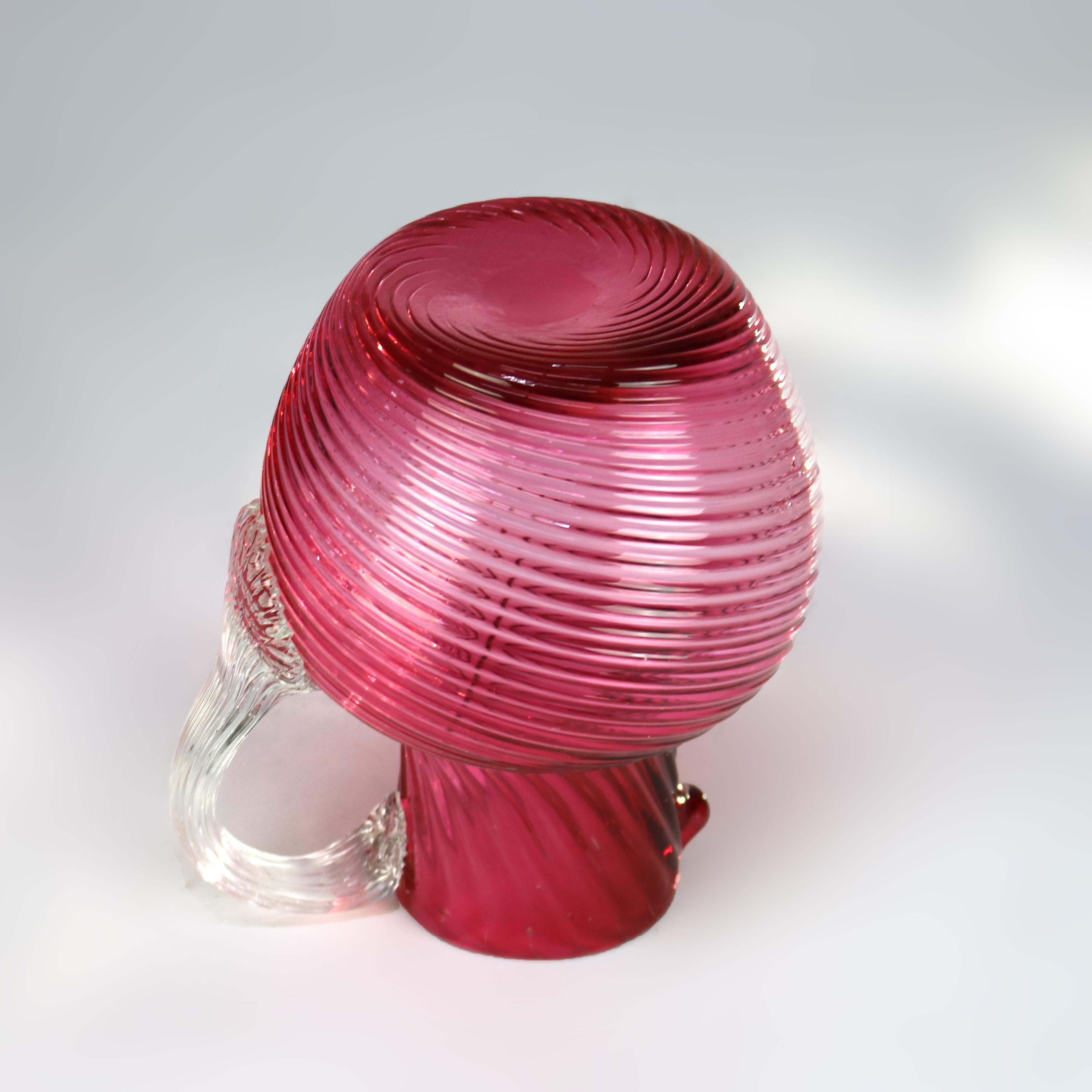 Cranberry Swirl Glass Water Pitcher with Applied Glass Handle 20thC For Sale 4