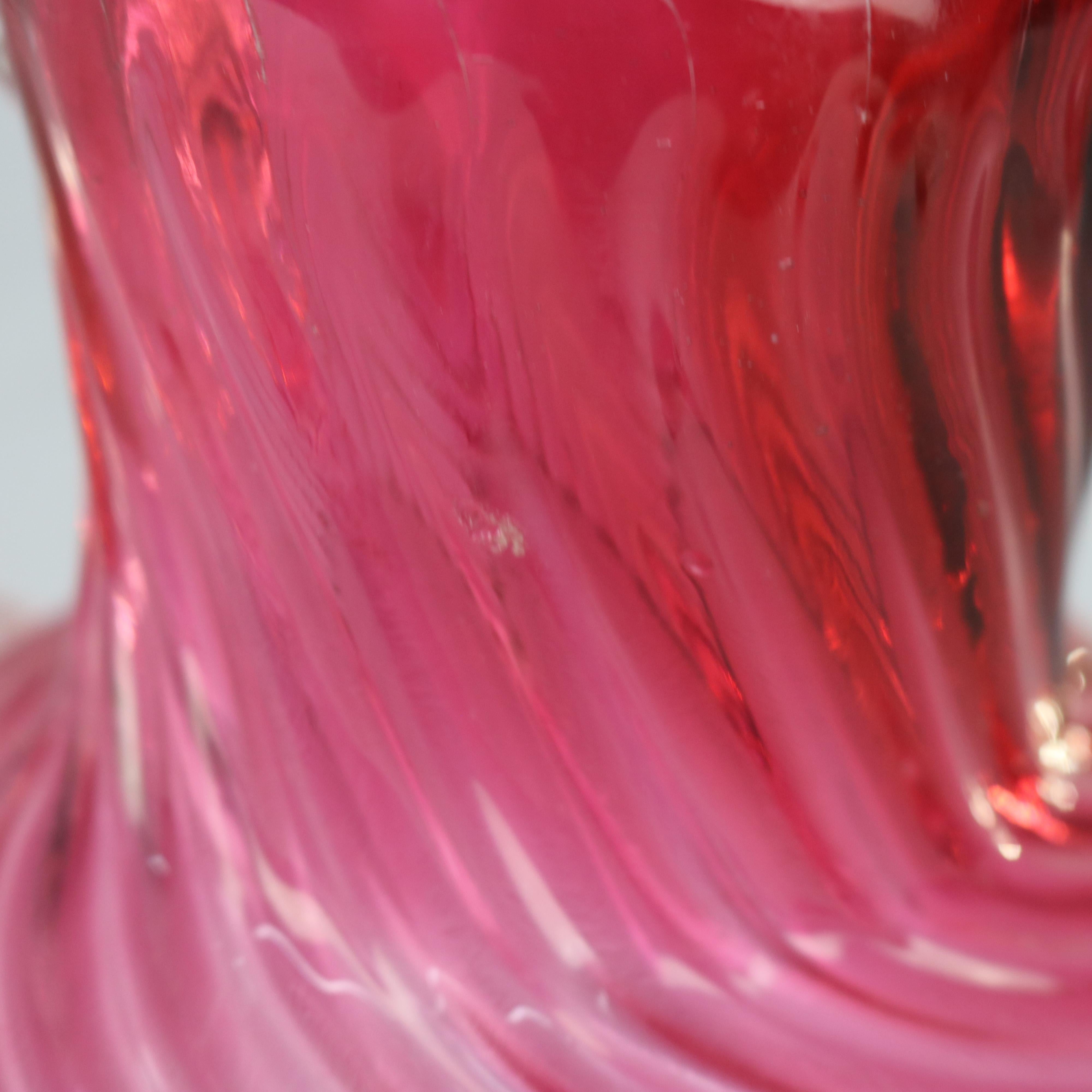 Cranberry Swirl Glass Water Pitcher with Applied Glass Handle 20thC For Sale 5