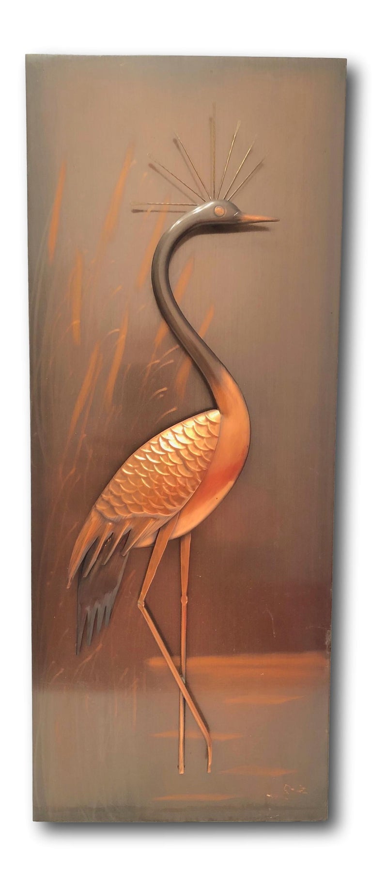 A beautiful, vintage copper crane themed wall decor. It would make a beautiful wall decoration in a seating or living area. Vibrant colors and excellent craftsmanship. Made in the 1970s it displays the joy of that great era with a bold, yet classy
