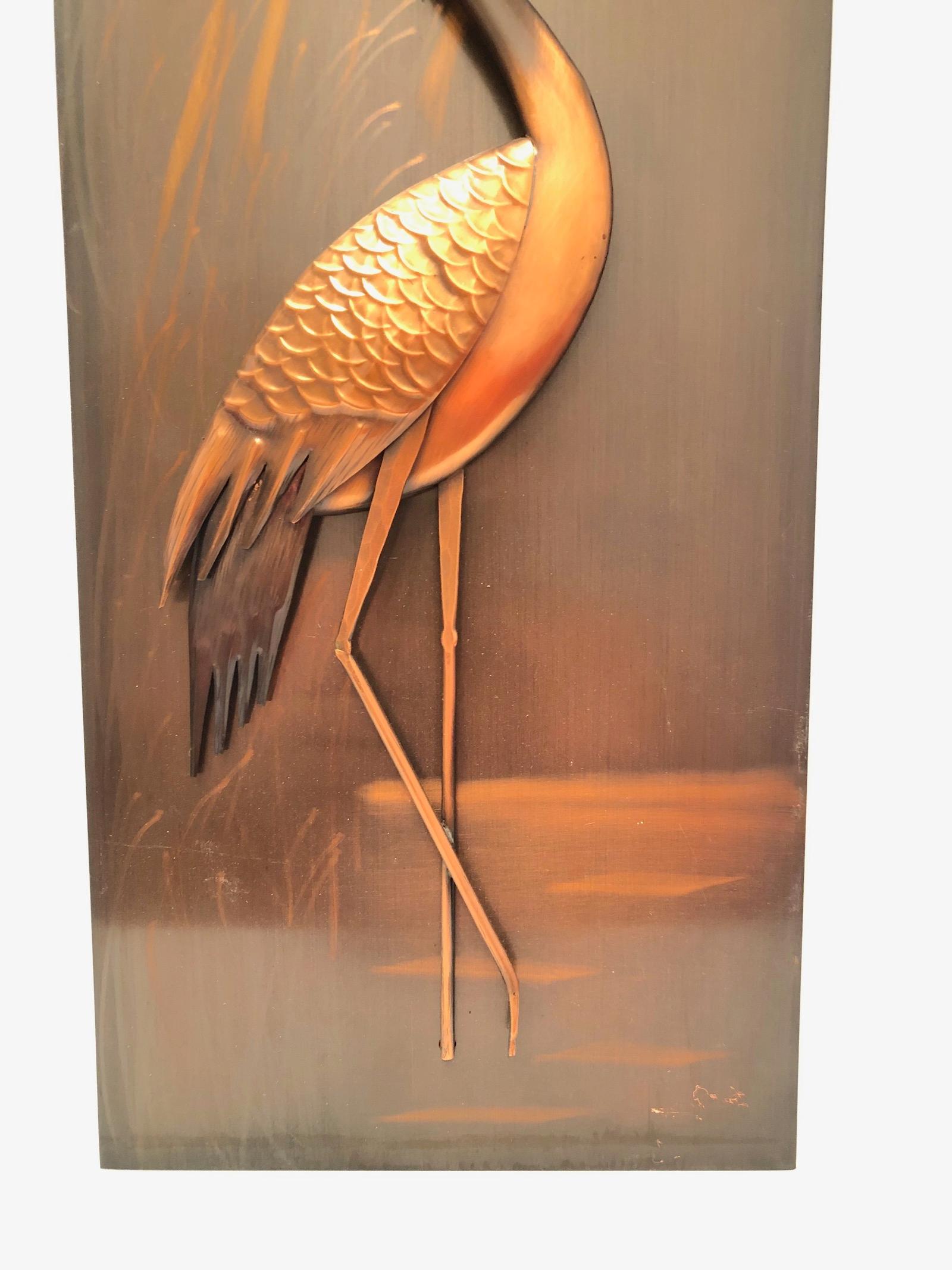 Mid-Century Modern Crane Copper Wall Decoration Wall Panel Plaque Vintage, 1970s For Sale