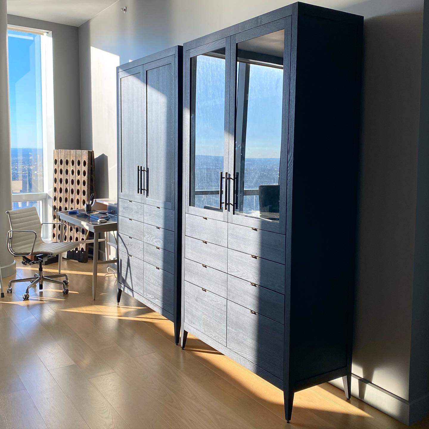 Crane Ebonized Oak Upright Two Door Cabinet with Drawers by New York Heartwoods In New Condition For Sale In Accord, NY