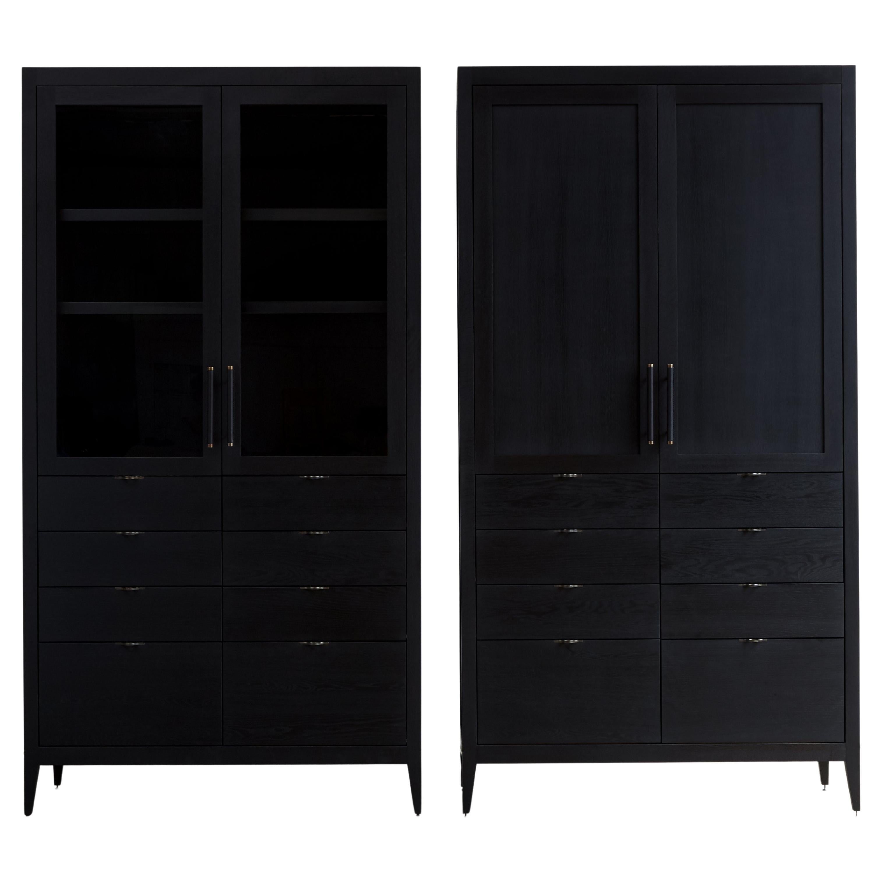 Crane Ebonized Oak Upright Two Door Cabinet with Drawers by New York Heartwoods For Sale