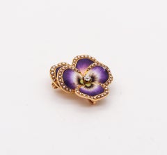 Crane & Theurer 1900 Art Nouveau Enamel Flower Pendant 14Kt Diamond And Pearls