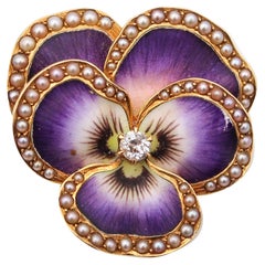 Crane & Theurer 1900 Art Nouveau Enamel Flower Pendant 14Kt Diamond And Pearls