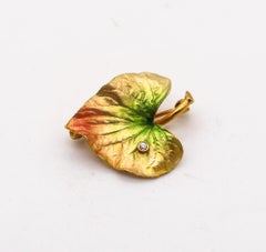Crane & Theurer 1900 Art Nouveau Enamel Leaf Brooch In 14Kt Gold With Diamond