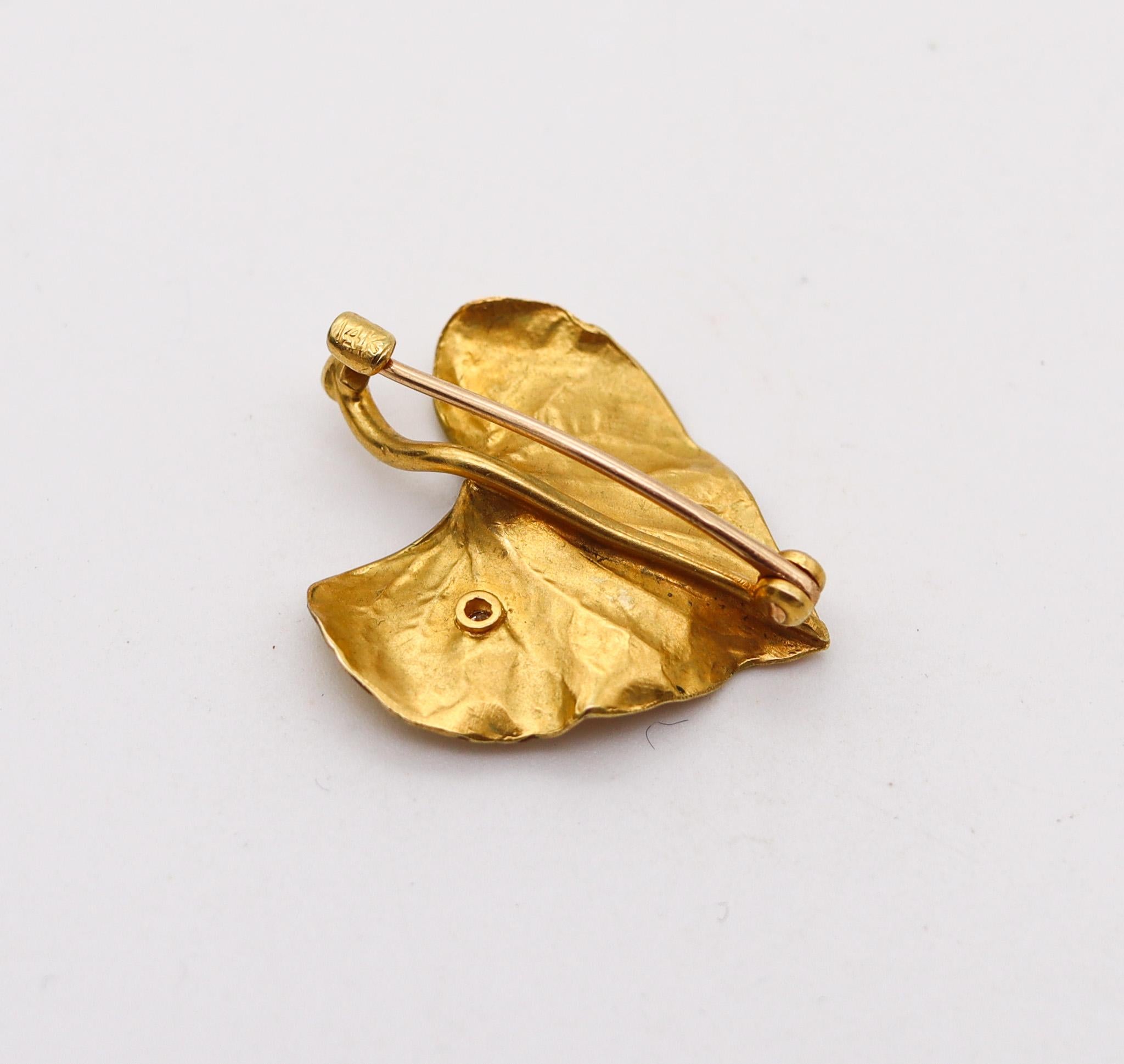 Old European Cut Crane & Theurer 1900 Art Nouveau Enamel Leaf Brooch In 14Kt Gold With Diamond For Sale