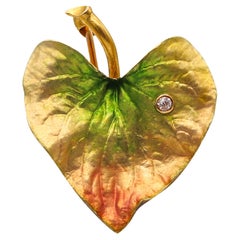 Crane & Theurer 1900 Art Nouveau Broche Hoja Esmaltada En Oro De 14Kt Con Diamante