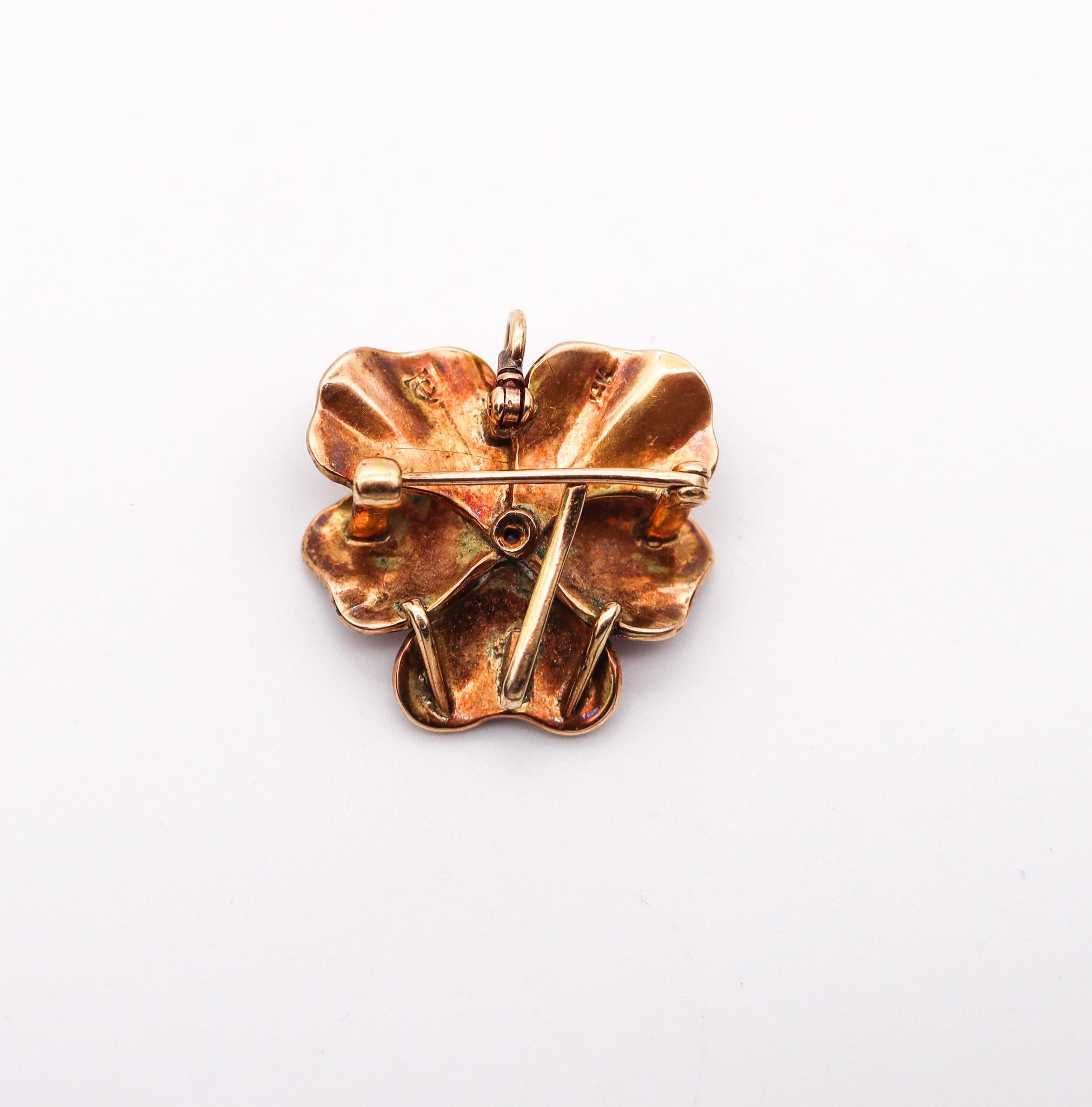 Women's Crane & Theurer 1900 Art Nouveau Enamel Pansy Pendant Brooch 14Kt Gold & Diamond