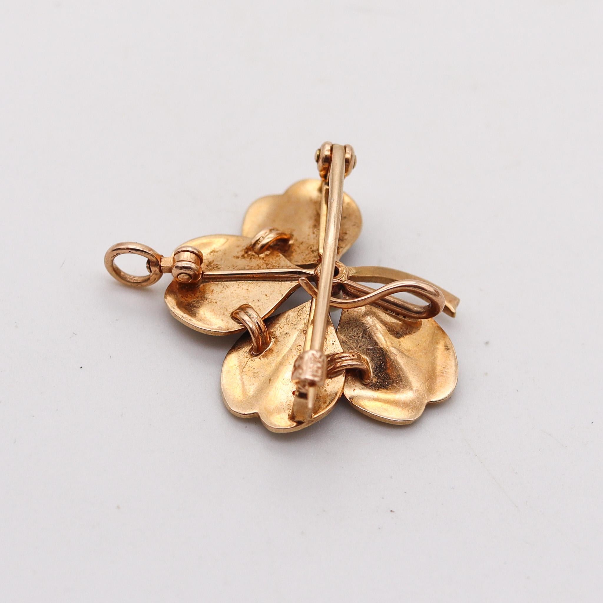 Round Cut Crane & Theurer 1900 Art Nouveau Enameled Clover Pendant 14Kt Gold With Pearls For Sale