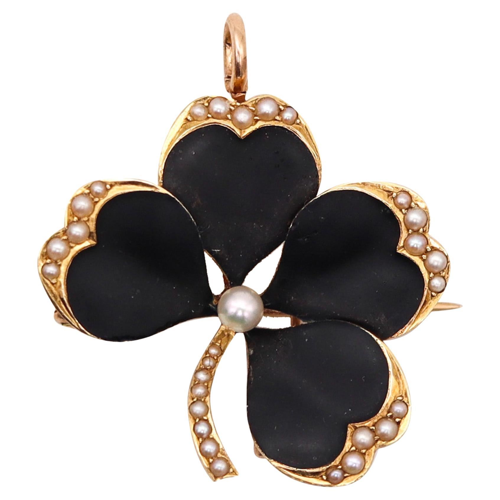 Crane & Theurer 1900 Art Nouveau Enameled Clover Pendant 14Kt Gold With Pearls For Sale