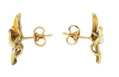 Crane & Theurer Jugendstil Perle Emaille 14 Karat Gelbgold Stiefmütterchen-Ohrringe