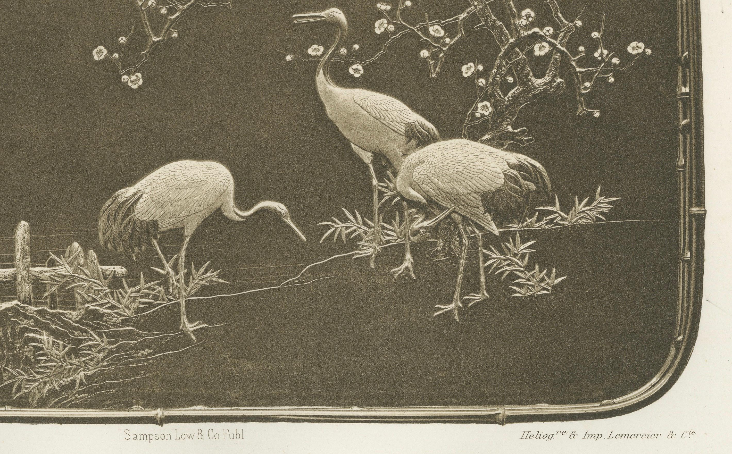 Title: Cranes and Blossoms in an Ornamental Scene – Plate XV from Section VI of G. A. Audsley’s Decorative Art Series

Description: Plate XV from Section VI of G. A. Audsley’s exquisite decorative art series features a serene and finely detailed
