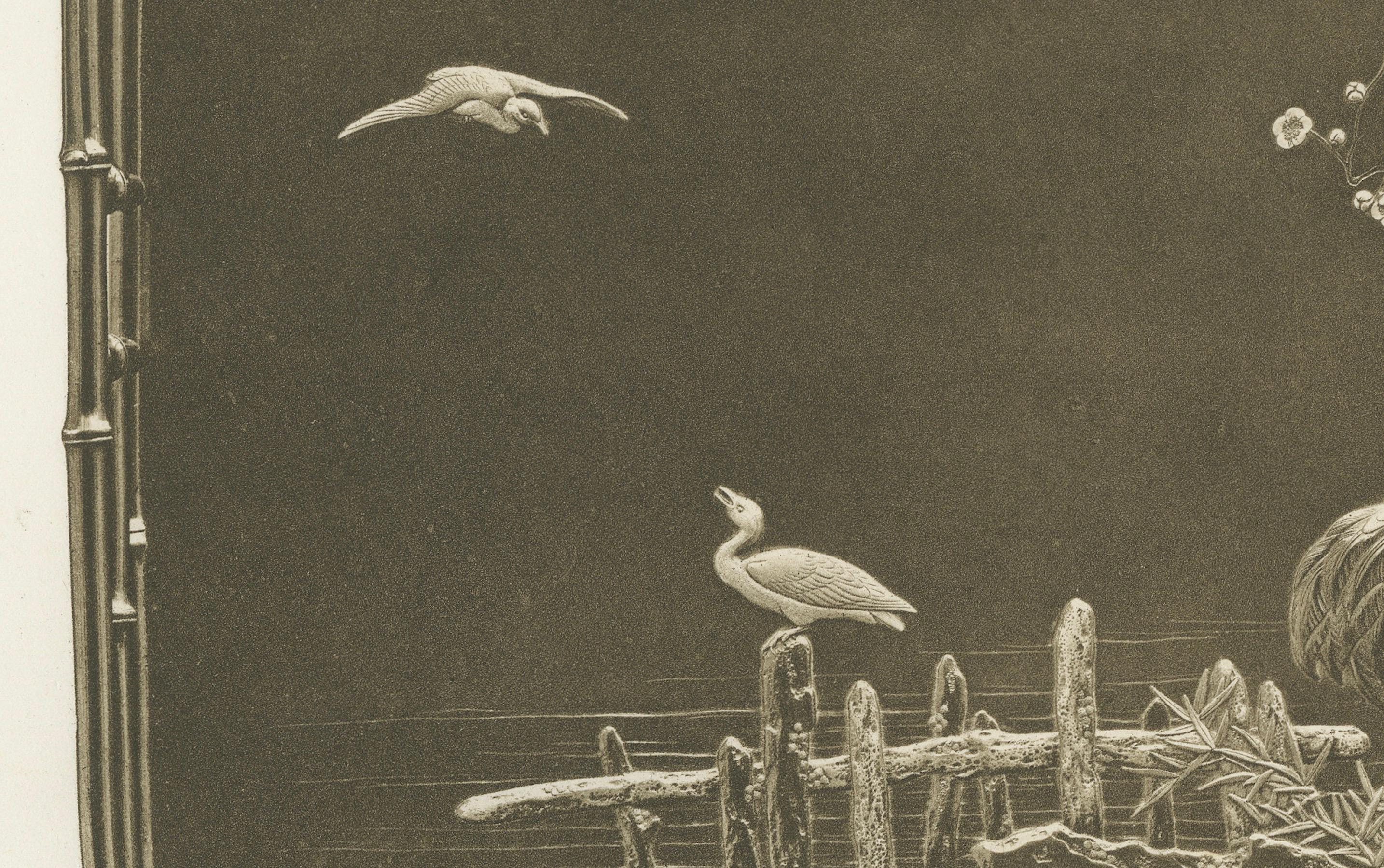 Cranes and Blossoms in a Japanese Ornamental Scene – Heliograph by Audsley 1884 In Good Condition For Sale In Langweer, NL
