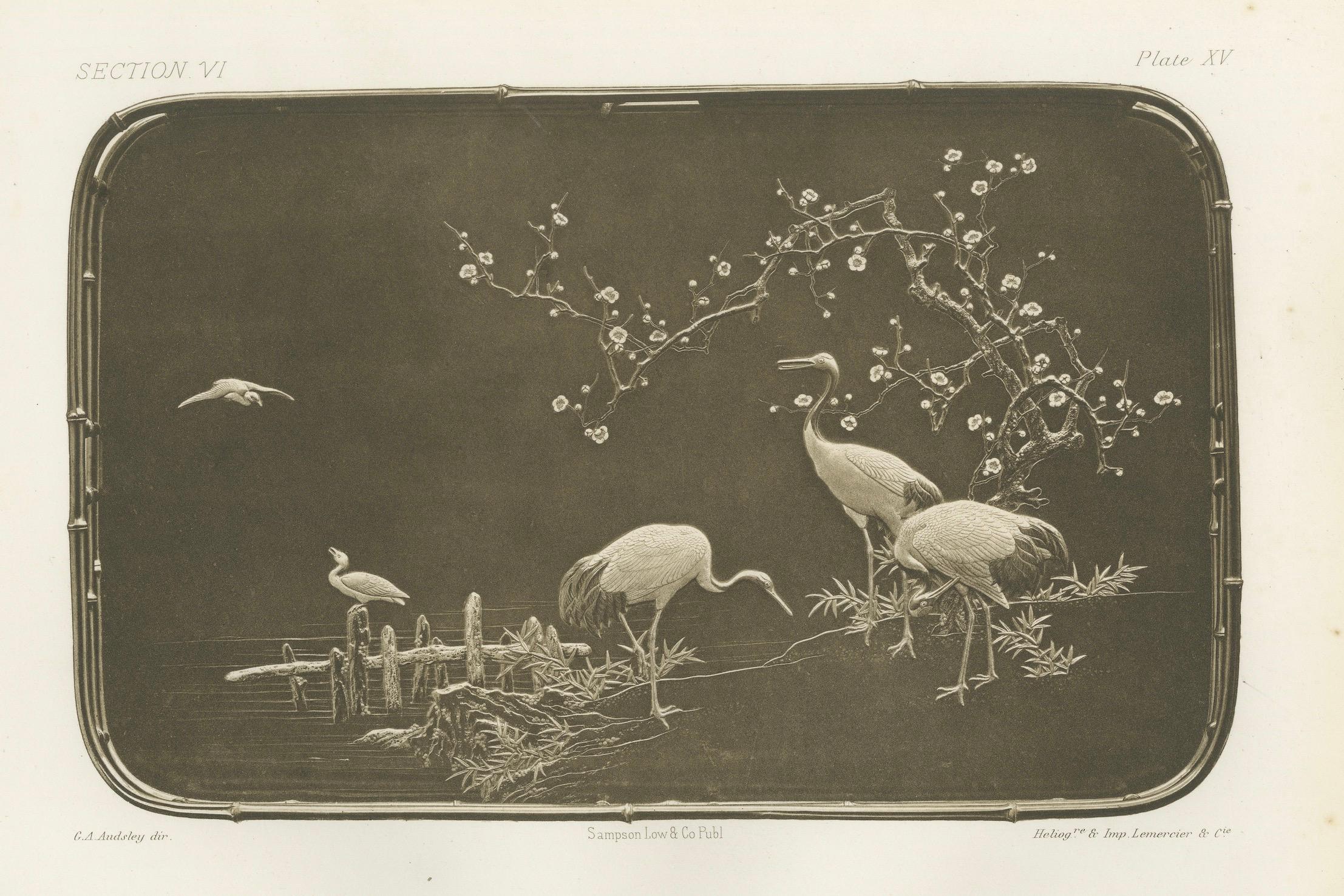 Paper Cranes and Blossoms in a Japanese Ornamental Scene – Heliograph by Audsley 1884 For Sale