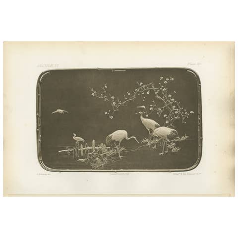 Cranes and Blossoms in a Japanese Ornamental Scene – Heliograph by Audsley 1884