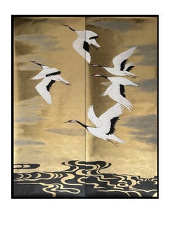 Cranes Wallpaper Hand Painted Wallpaper on Antiqued Gold Metallic Panel