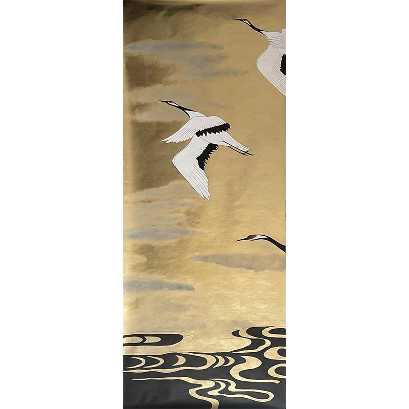 Cranes-Tapete, handbemalte Wandteppich auf antikem Goldmetallic-Paneel (Chinesisch) im Angebot