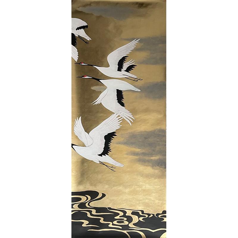 Cranes-Tapete, handbemalte Wandteppich auf antikem Goldmetallic-Paneel (Handbemalt) im Angebot
