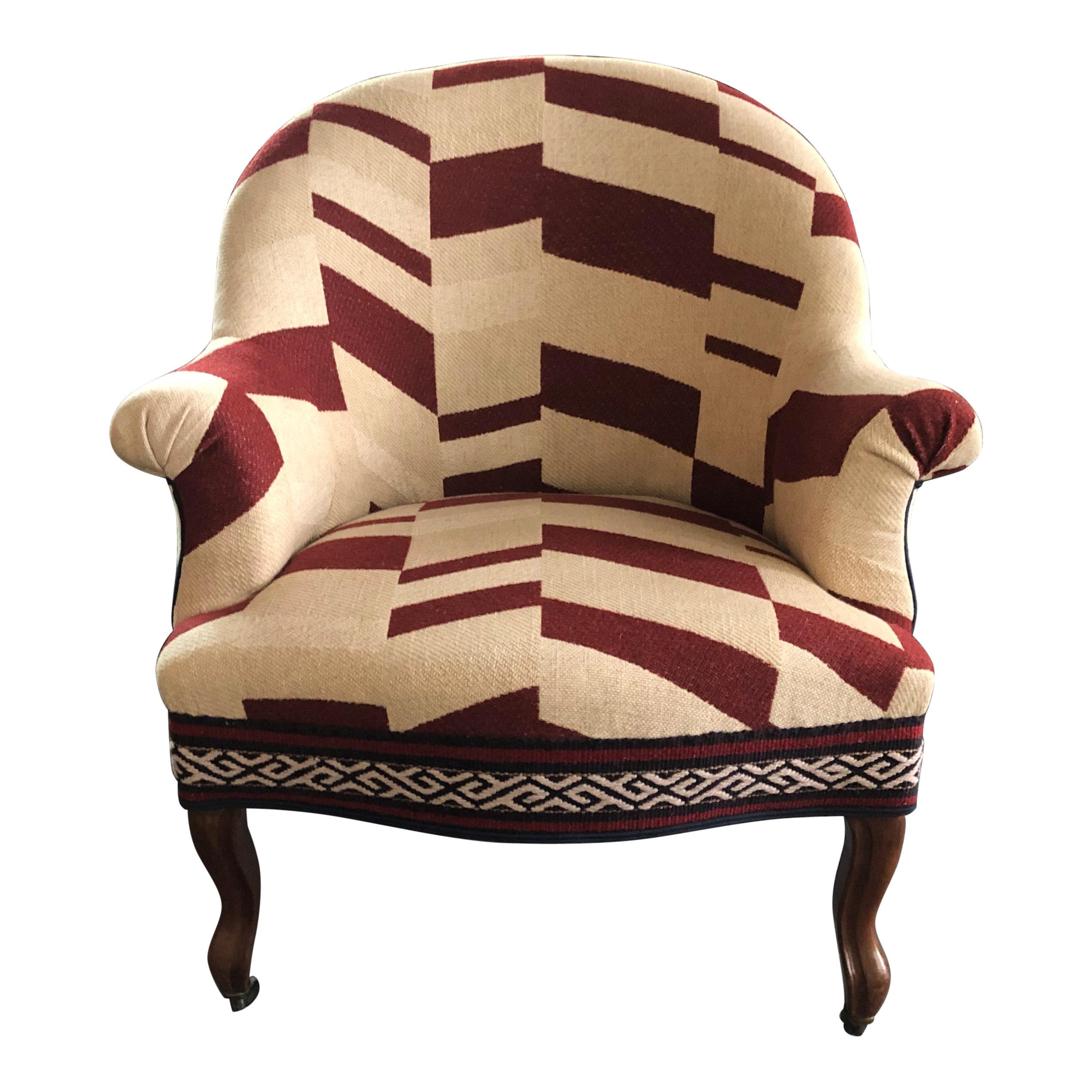 French Crapaud Chair with Nobilis Fabric and Antique For Sale