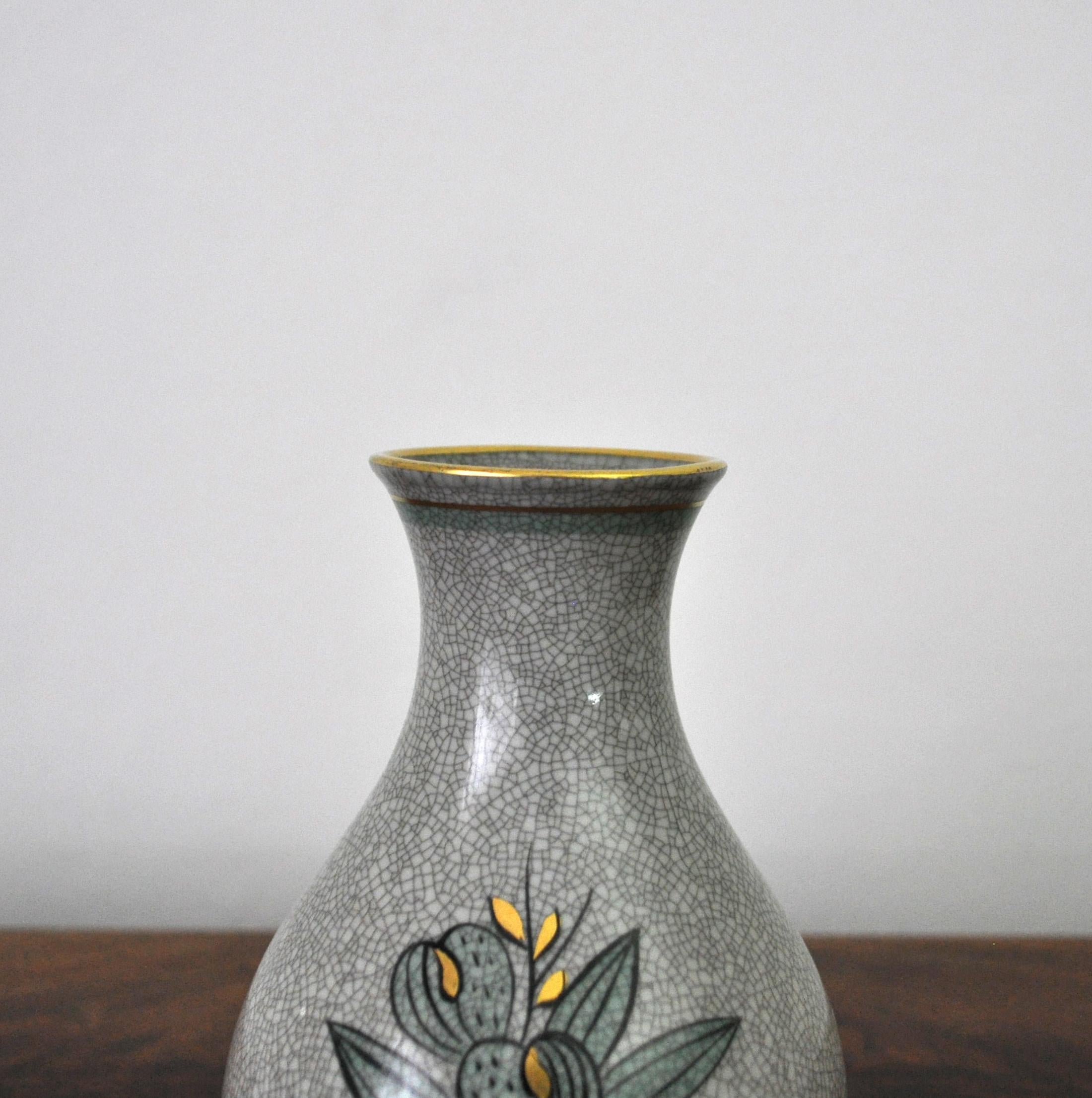 Art Deco Craquele Glaze Porcelain Vase, Gold and Green on Grey, Lyngby Porcelain, 1930s For Sale